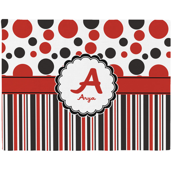 Custom Red & Black Dots & Stripes Woven Fabric Placemat - Twill w/ Name and Initial