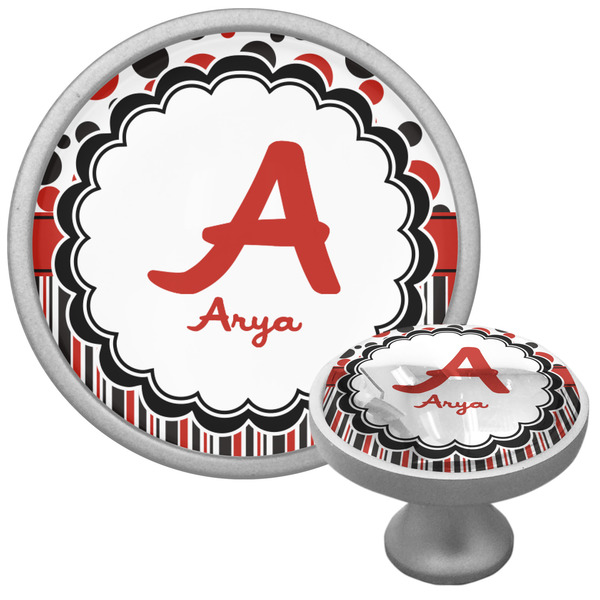 Custom Red & Black Dots & Stripes Cabinet Knob (Silver) (Personalized)
