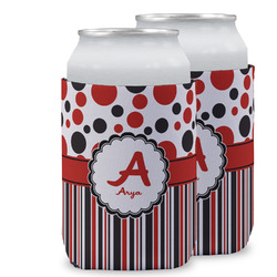 Red & Black Dots & Stripes Can Cooler (12 oz) w/ Name and Initial