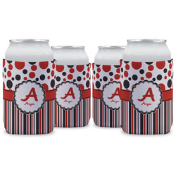 Red & Black Dots & Stripes Can Cooler (12 oz) - Set of 4 w/ Name and Initial