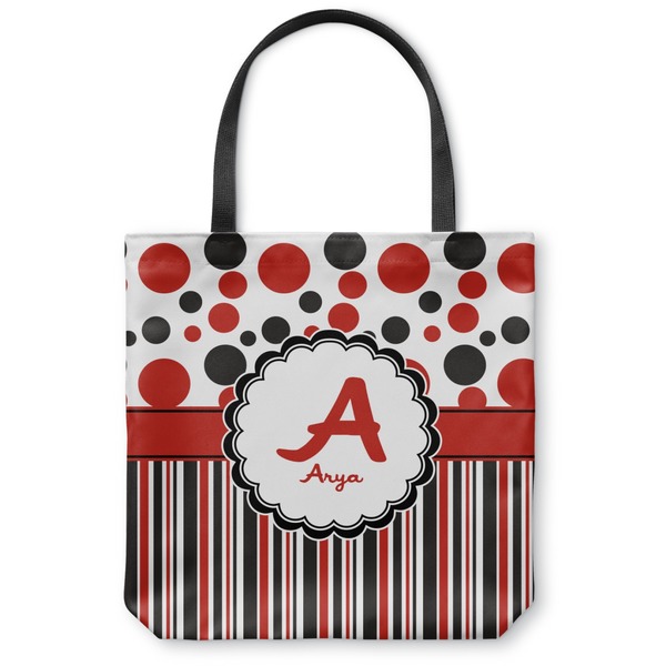 Custom Red & Black Dots & Stripes Canvas Tote Bag (Personalized)