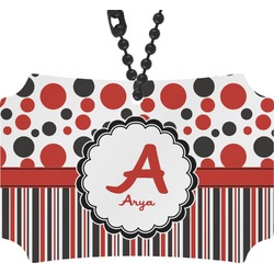 Red & Black Dots & Stripes Rear View Mirror Ornament (Personalized)