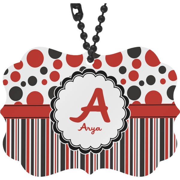 Custom Red & Black Dots & Stripes Rear View Mirror Decor (Personalized)