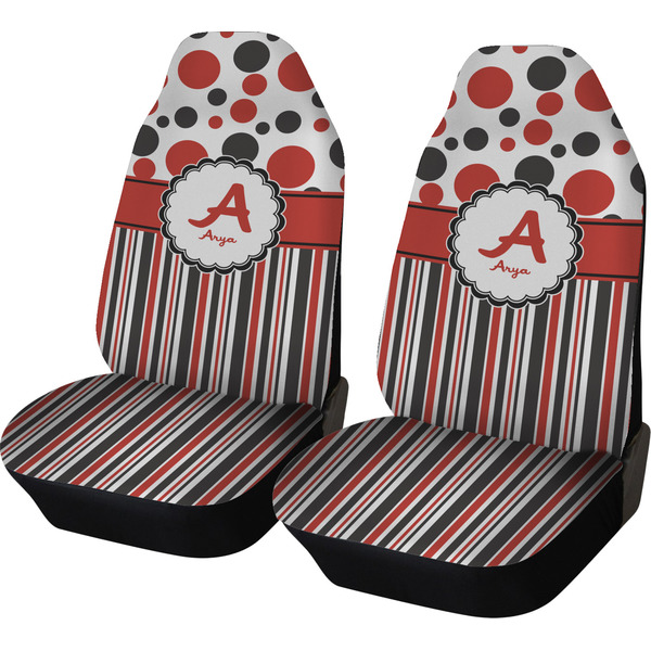Custom Red & Black Dots & Stripes Car Seat Covers (Set of Two) (Personalized)