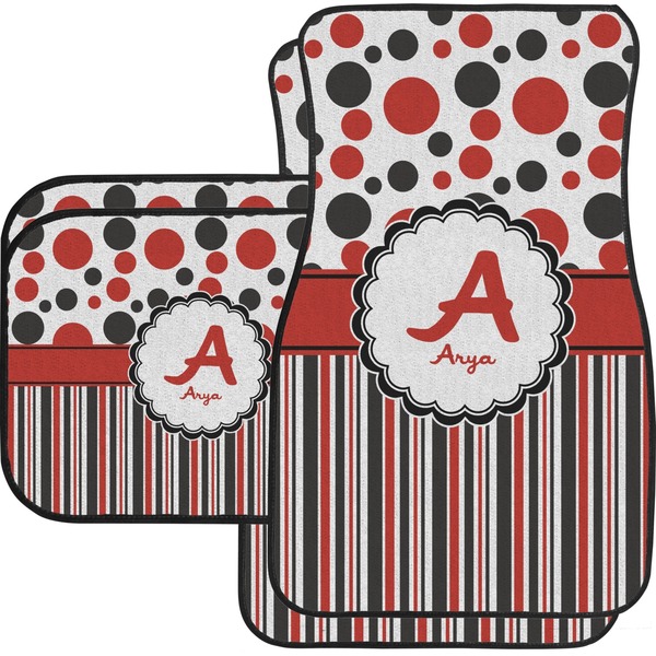 Custom Red & Black Dots & Stripes Car Floor Mats Set - 2 Front & 2 Back (Personalized)