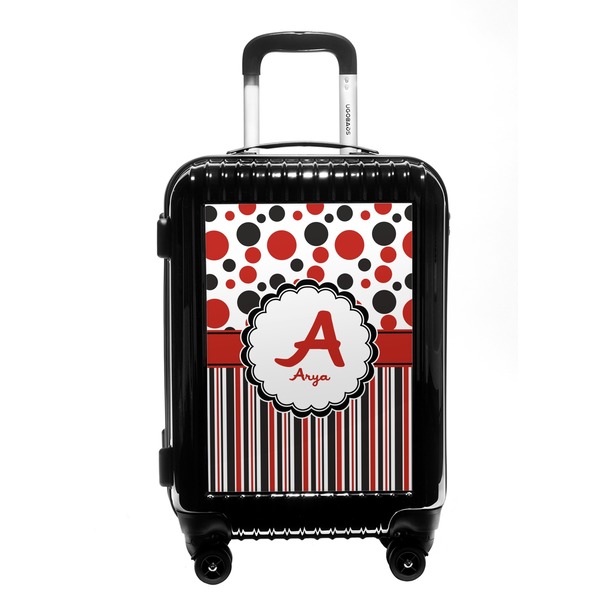 Custom Red & Black Dots & Stripes Carry On Hard Shell Suitcase (Personalized)