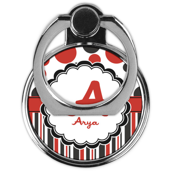 Red & Black Dots & Stripes Cell Phone Ring Stand & Holder - Front (Collapsed)