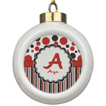 Red & Black Dots & Stripes Ceramic Ball Ornament (Personalized)