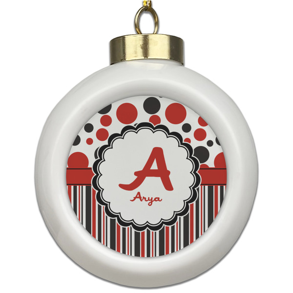 Custom Red & Black Dots & Stripes Ceramic Ball Ornament (Personalized)