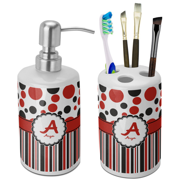 Custom Red & Black Dots & Stripes Ceramic Bathroom Accessories Set (Personalized)
