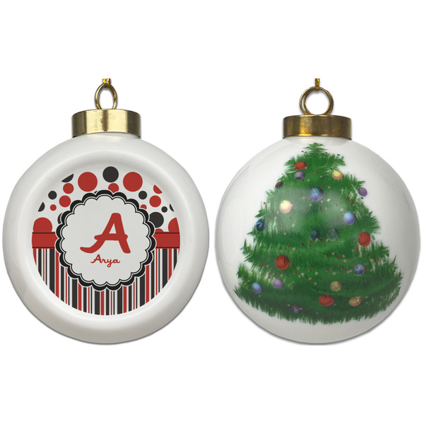 Red & Black Dots & Stripes Ceramic Christmas Ornament - X-Mas Tree (APPROVAL)