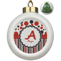 Red & Black Dots & Stripes Ceramic Ball Ornament - Christmas Tree (Personalized)