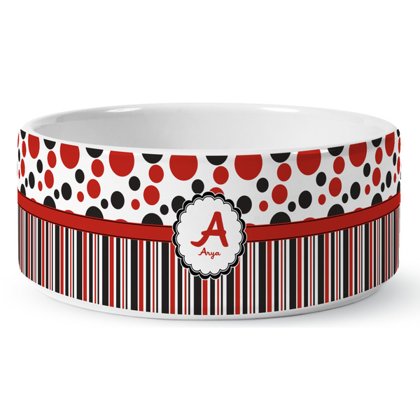 Red & Black Dots & Stripes Ceramic Dog Bowl - Medium - Front