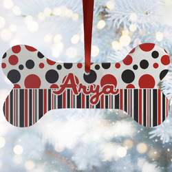Red & Black Dots & Stripes Ceramic Dog Ornament w/ Name and Initial