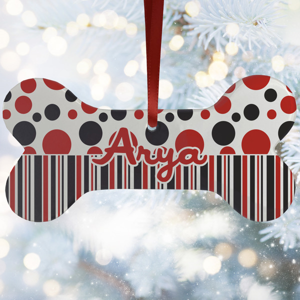 Custom Red & Black Dots & Stripes Ceramic Dog Ornament w/ Name and Initial