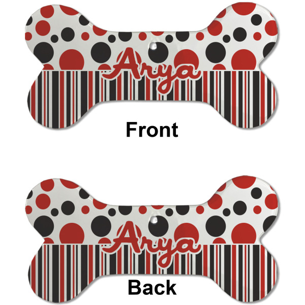 Red & Black Dots & Stripes Ceramic Flat Ornament - Bone Front & Back (APPROVAL)
