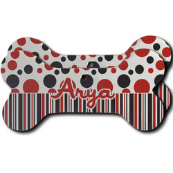 Red & Black Dots & Stripes Ceramic Dog Ornament - Front & Back w/ Name and Initial