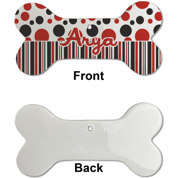 Red & Black Dots & Stripes Ceramic Flat Ornament - Bone Front & Back Single Print (APPROVAL)