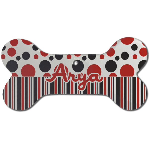 Red & Black Dots & Stripes Ceramic Flat Ornament - Bone Front