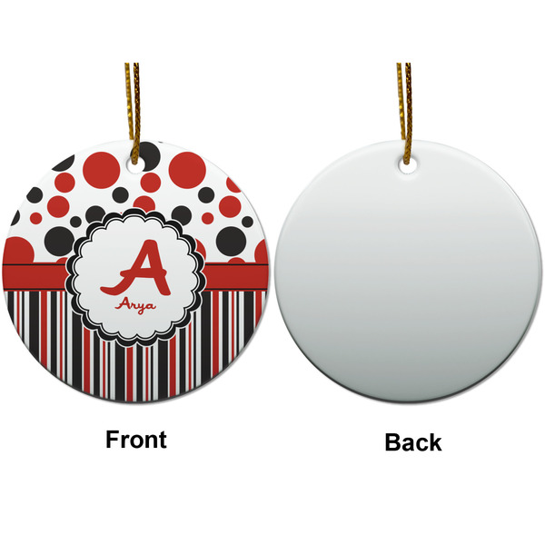 Red & Black Dots & Stripes Ceramic Flat Ornament - Circle Front & Back (APPROVAL)