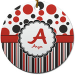 Red & Black Dots & Stripes Round Ceramic Ornament w/ Name and Initial