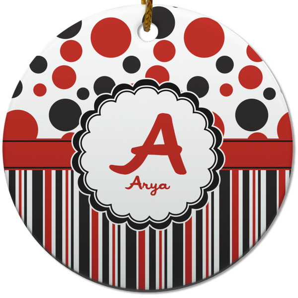 Custom Red & Black Dots & Stripes Round Ceramic Ornament w/ Name and Initial