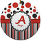 Red & Black Dots & Stripes Round Ceramic Ornament w/ Name and Initial