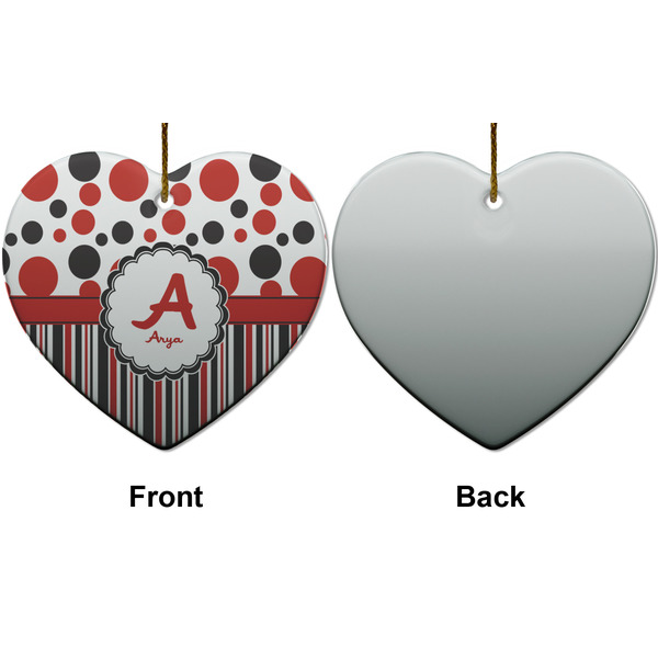 Red & Black Dots & Stripes Ceramic Flat Ornament - Heart Front & Back (APPROVAL)
