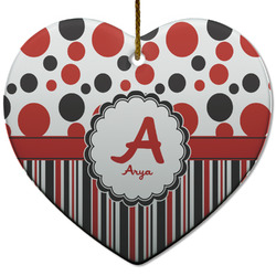 Red & Black Dots & Stripes Heart Ceramic Ornament w/ Name and Initial