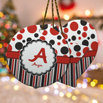 Red & Black Dots & Stripes Ceramic Ornament w/ Name and Initial