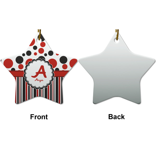 Red & Black Dots & Stripes Ceramic Flat Ornament - Star Front & Back (APPROVAL)