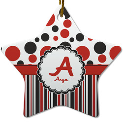 Red & Black Dots & Stripes Star Ceramic Ornament w/ Name and Initial