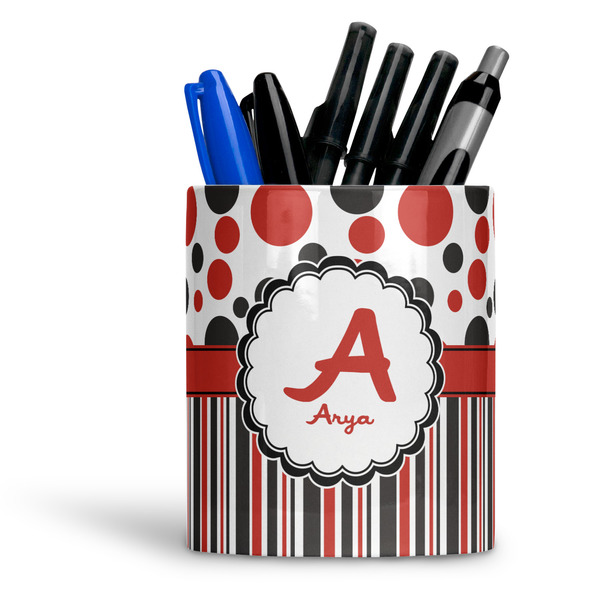 Custom Red & Black Dots & Stripes Ceramic Pen Holder