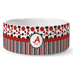 Red & Black Dots & Stripes Ceramic Dog Bowl (Personalized)