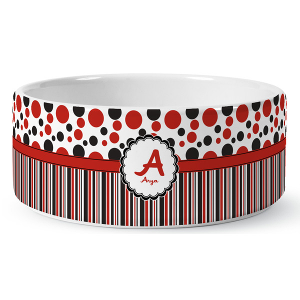 Custom Red & Black Dots & Stripes Ceramic Dog Bowl - Medium (Personalized)