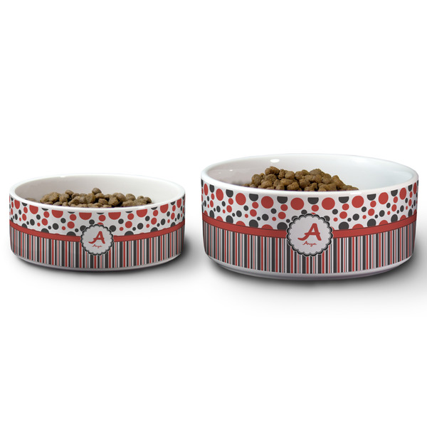 Red & Black Dots & Stripes Ceramic Dog Bowls - Size Comparison