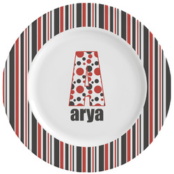 Red & Black Dots & Stripes Ceramic Dinner Plates (Set of 4) (Personalized)