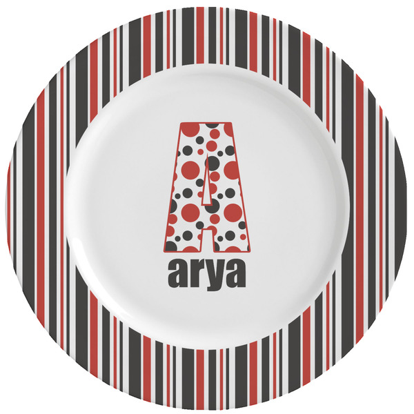 Custom Red & Black Dots & Stripes Ceramic Dinner Plates (Set of 4) (Personalized)