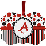 Red & Black Dots & Stripes Metal Frame Ornament - Double Sided w/ Name and Initial