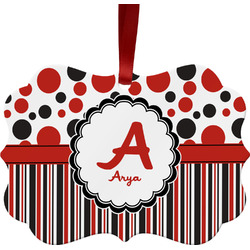 Red & Black Dots & Stripes Metal Frame Ornament - Double Sided w/ Name and Initial
