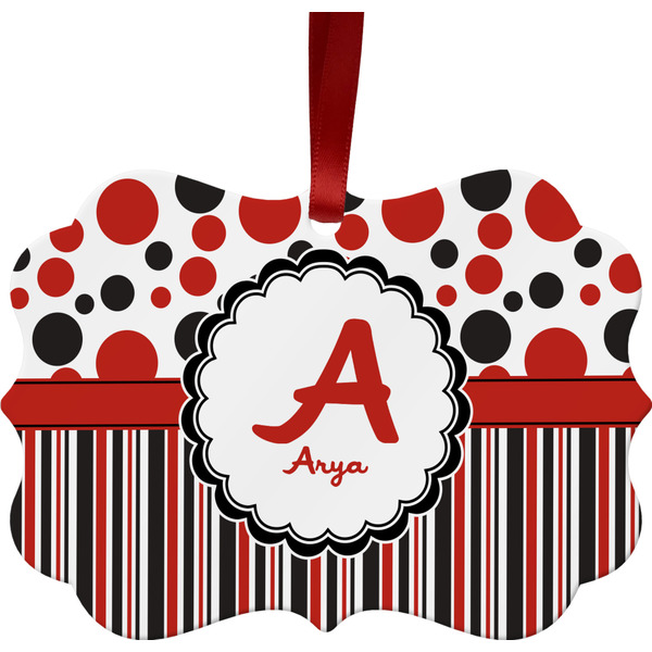 Custom Red & Black Dots & Stripes Metal Frame Ornament - Double Sided w/ Name and Initial