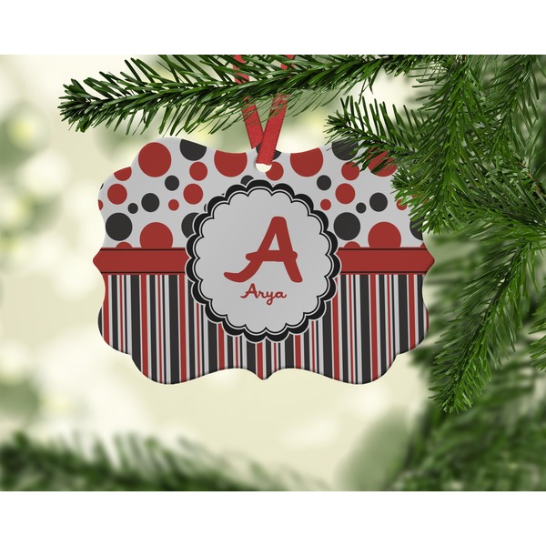 Red & Black Dots & Stripes Christmas Ornament (On Tree)
