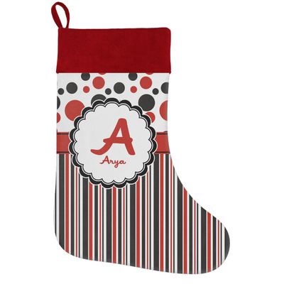 Red & Black Dots & Stripes Holiday Stocking w/ Name and Initial
