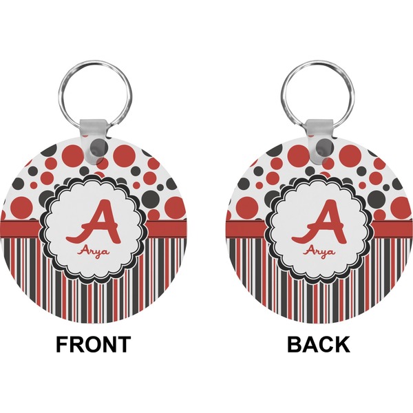 Red & Black Dots & Stripes Circle Keychain (Front + Back)