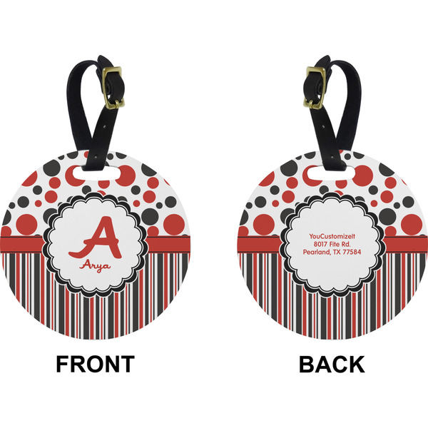 Red & Black Dots & Stripes Circle Luggage Tag (Front + Back)