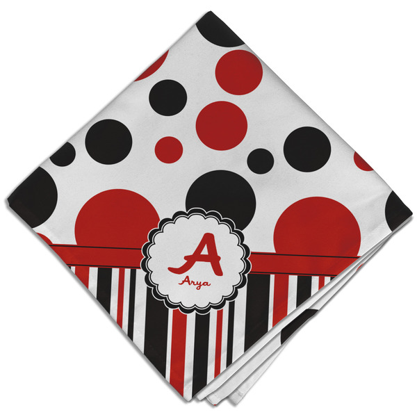 Custom Red & Black Dots & Stripes Cloth Dinner Napkin - Single w/ Name and Initial
