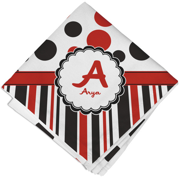 Custom Red & Black Dots & Stripes Cloth Cocktail Napkin - Single w/ Name and Initial