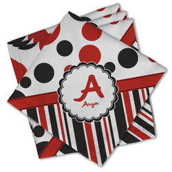 Red & Black Dots & Stripes Cloth Cocktail Napkins - Set of 4 w/ Name and Initial