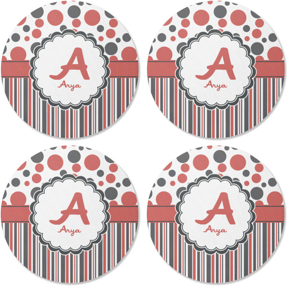 Red & Black Dots & Stripes Coaster Round Rubber Back - Apvl