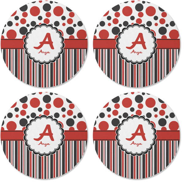 Red & Black Dots & Stripes Coaster Round Rubber Back - Apvl